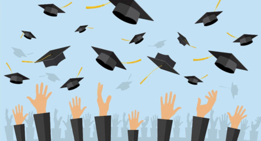 upward hands with flying graduation caps